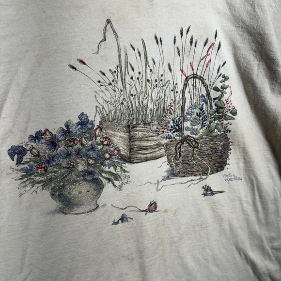 Vintage 90s Northern Reflections cream Embroidered Floral Garden tee shirt Large - Picture 3 of 7